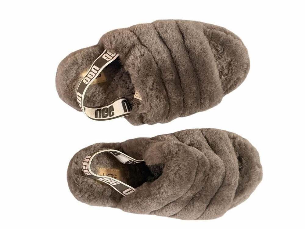 Ugg Slippers Fluff Yeah Slide Slip On's Size 8 Sheepskin Fur Elastic Slide Gray